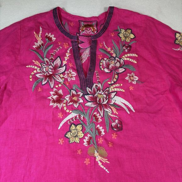 JOHNNY WAS Jessica Easy V Neck Top Pink Embroidered Size XL Short Sleeve Linen - Picture 8 of 12